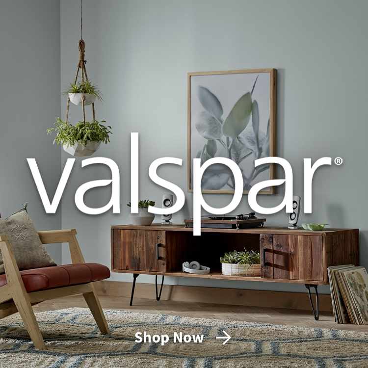 Valspar painted room with shop now link and Valspar logo